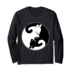 カワイイ陰陽黒猫と月のクレセントヘッドマンガ猫 Kawaii Yin Yang Cat Moon Crescent 長袖Tシャツ